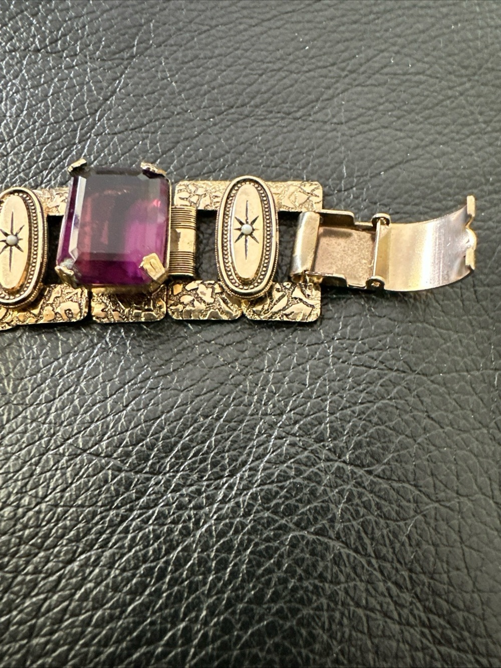Vintage book chain panel Bracelet with Purple Glass Stones - Picture 2 of 6